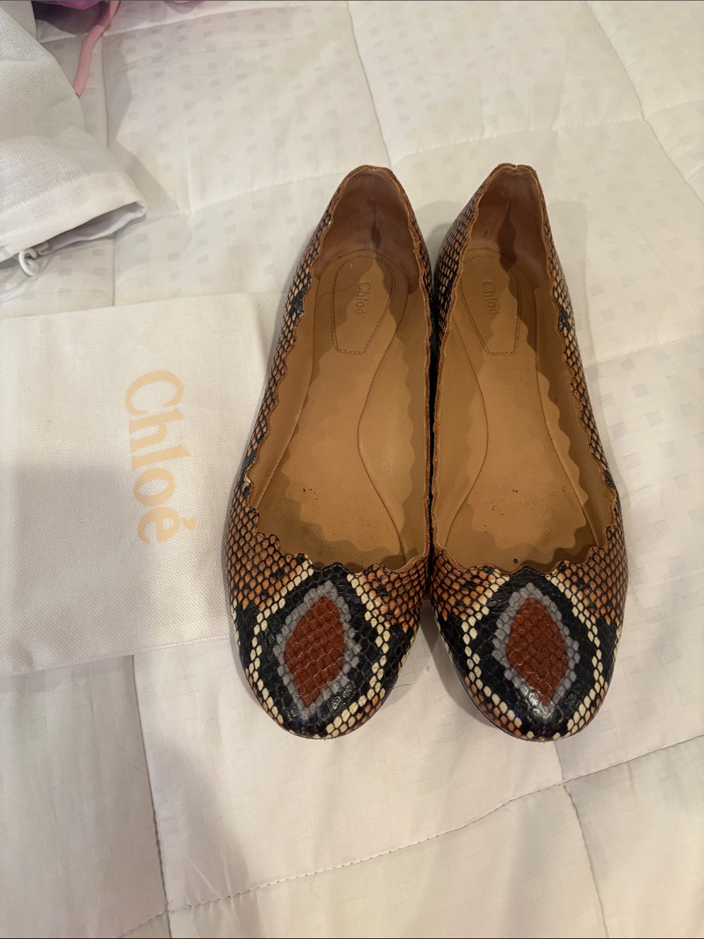 Chloe Brown, Black & Cream Snake-Print Scalloped Ballet Flats